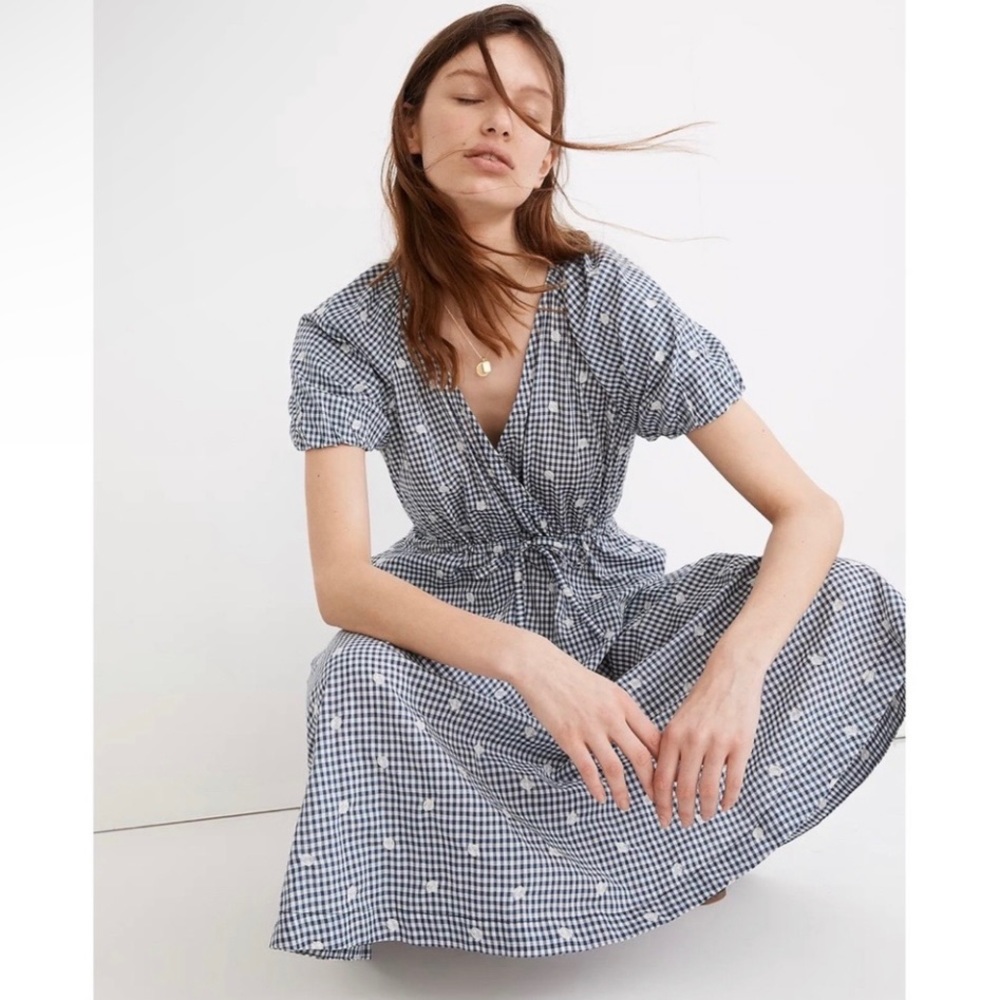 Madewell Embroidered Gingham Dot Faux-Wrap Tie-Waist Midi Dress Navy Small